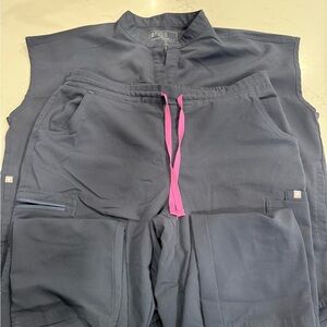 Figs Dark Blue Cargo Pants with Bright Pink Drawstrings
